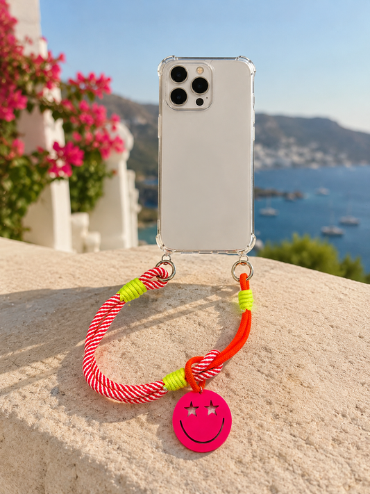 Kurze Handykette – Smiley Neon Pink