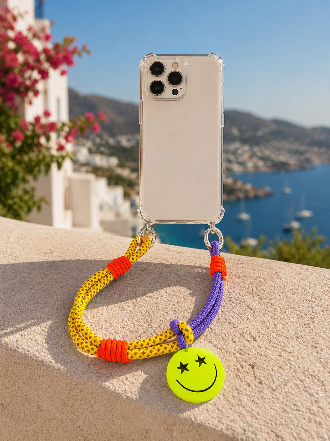 Kurze Handykette – Smiley Neon Gelb