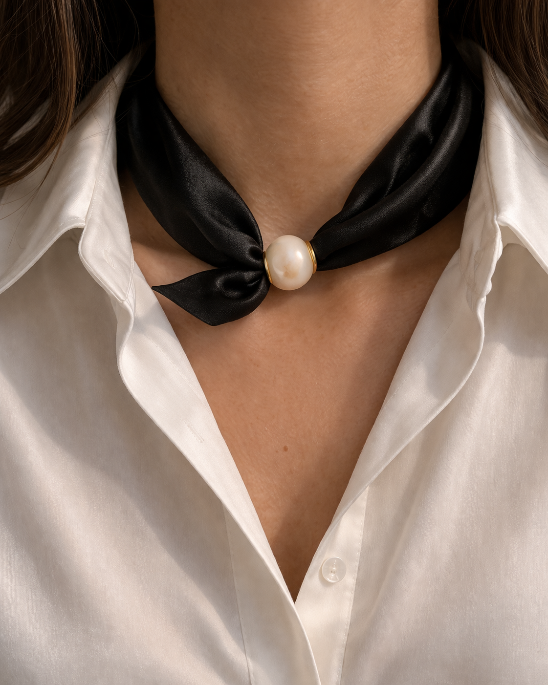 Halstuch Satin Noir – Schwarz mit Perlenverschluss
