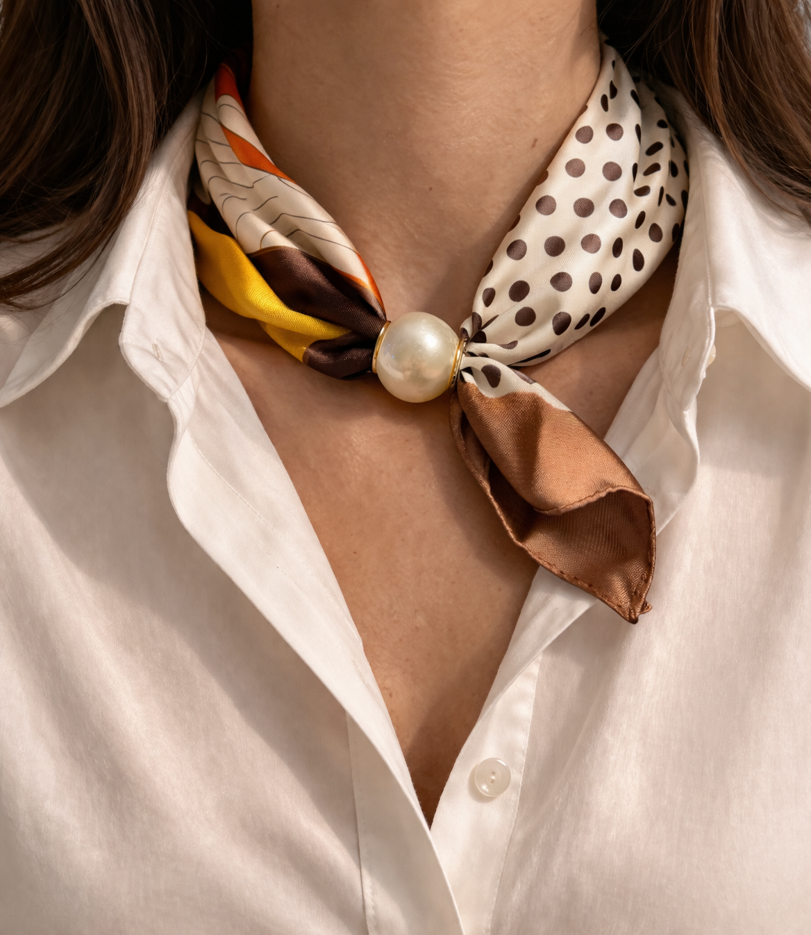 Halstuch Satin Mix – Beige & Braun mit Perlenverschluss