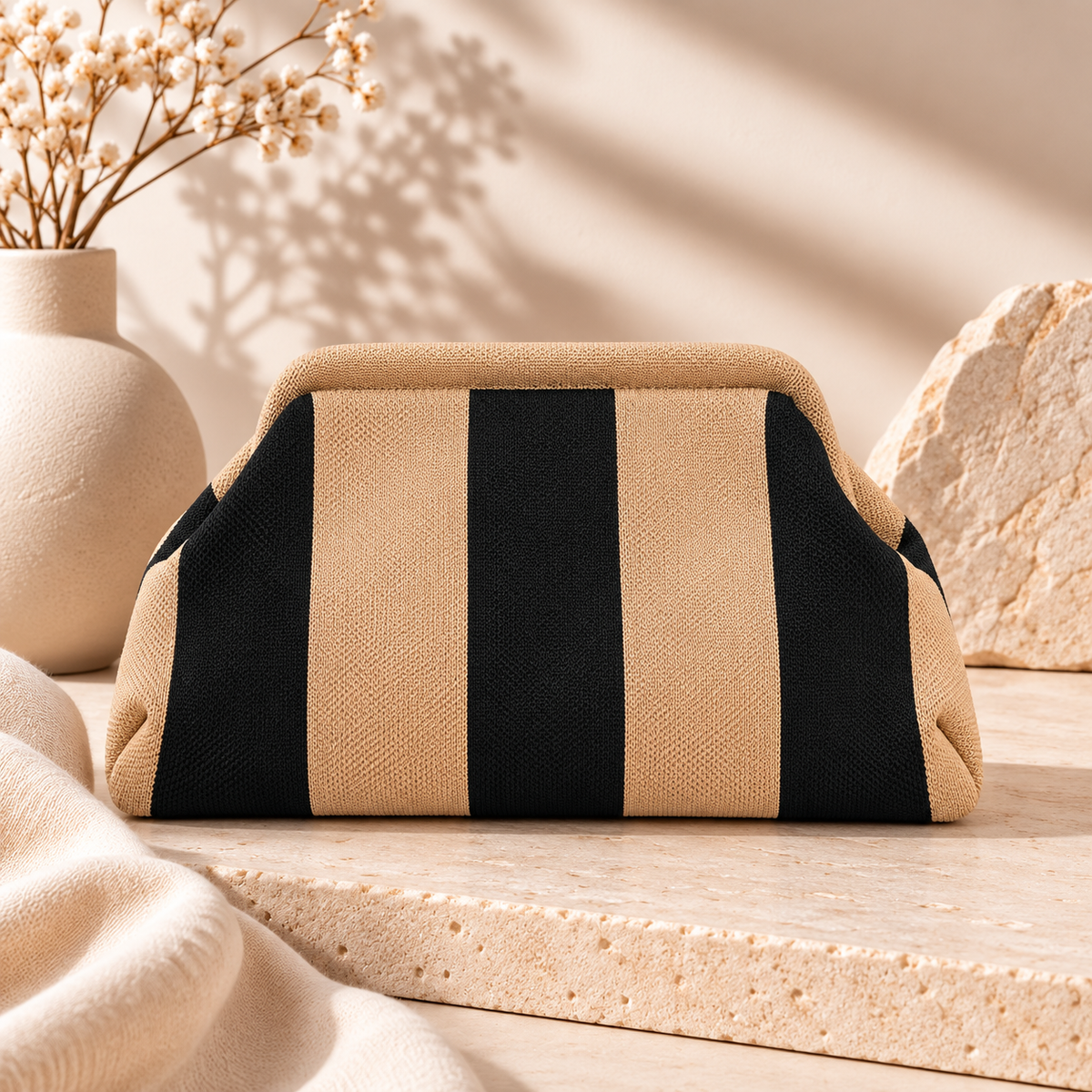 BE FAMOUS Striped Woven Clutch Bag - Schwarz/Camel