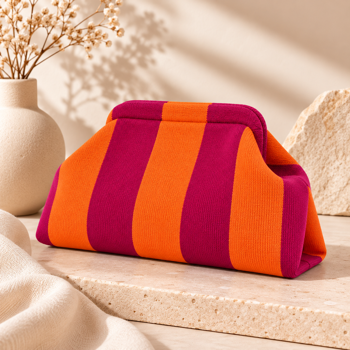 BE FAMOUS Striped Woven Clutch Bag - Pink/Orange
