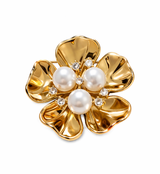 Goldene Blütenbrosche mit Perlen & Kristallen