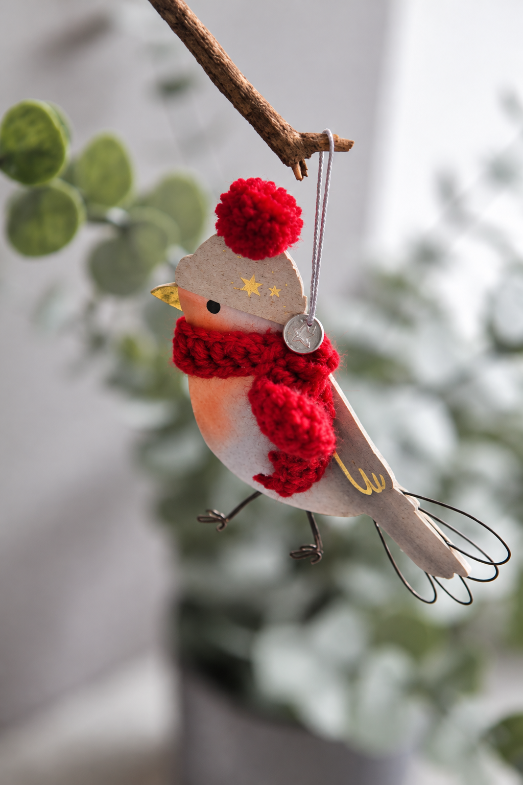 Wintervogel mit Strickmütze & Schal – Rot