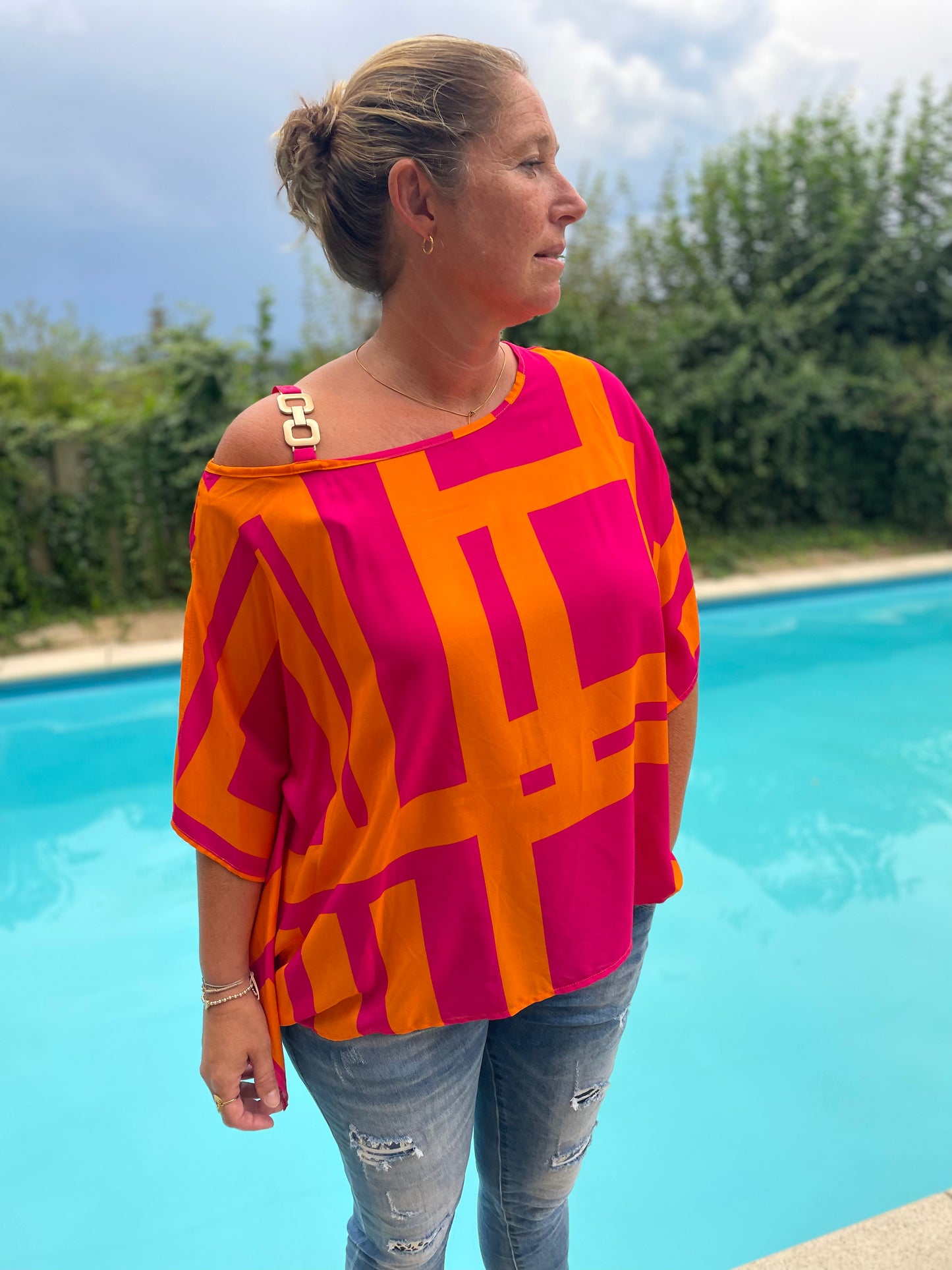 Schulterfreie Bluse in Orange/Pink