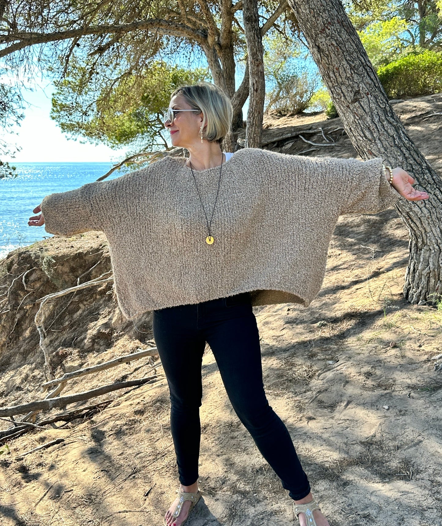 Weit geschnittener Grobstrick Pullover in CAMEL