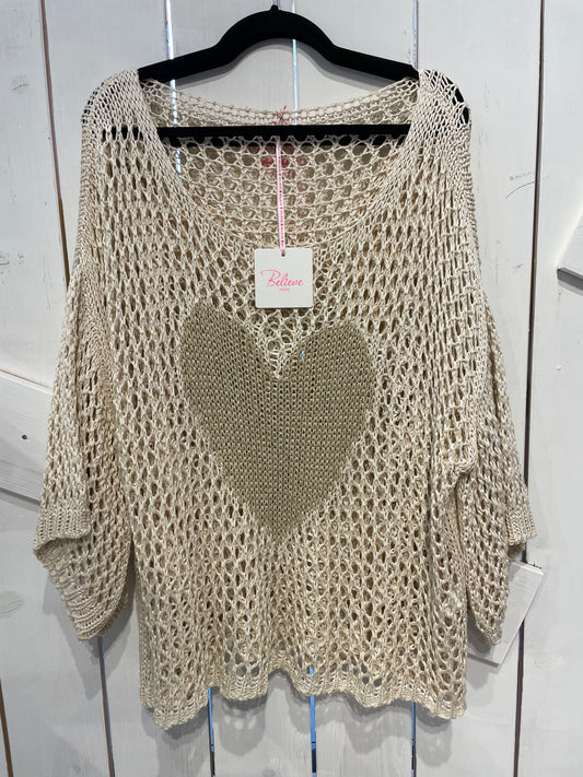 Süßer Onesize Netzpullover "HERZI" in Beige