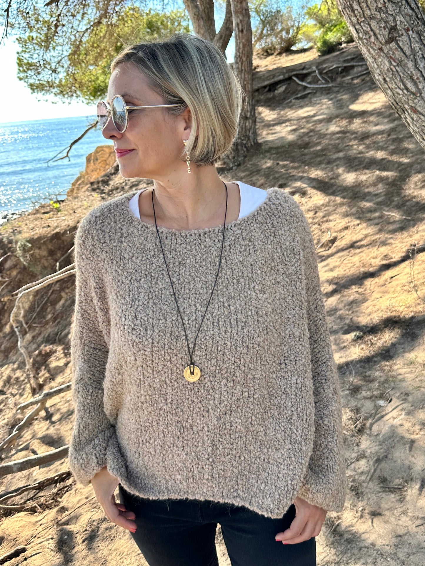 Weit geschnittener Grobstrick Pullover in CAMEL