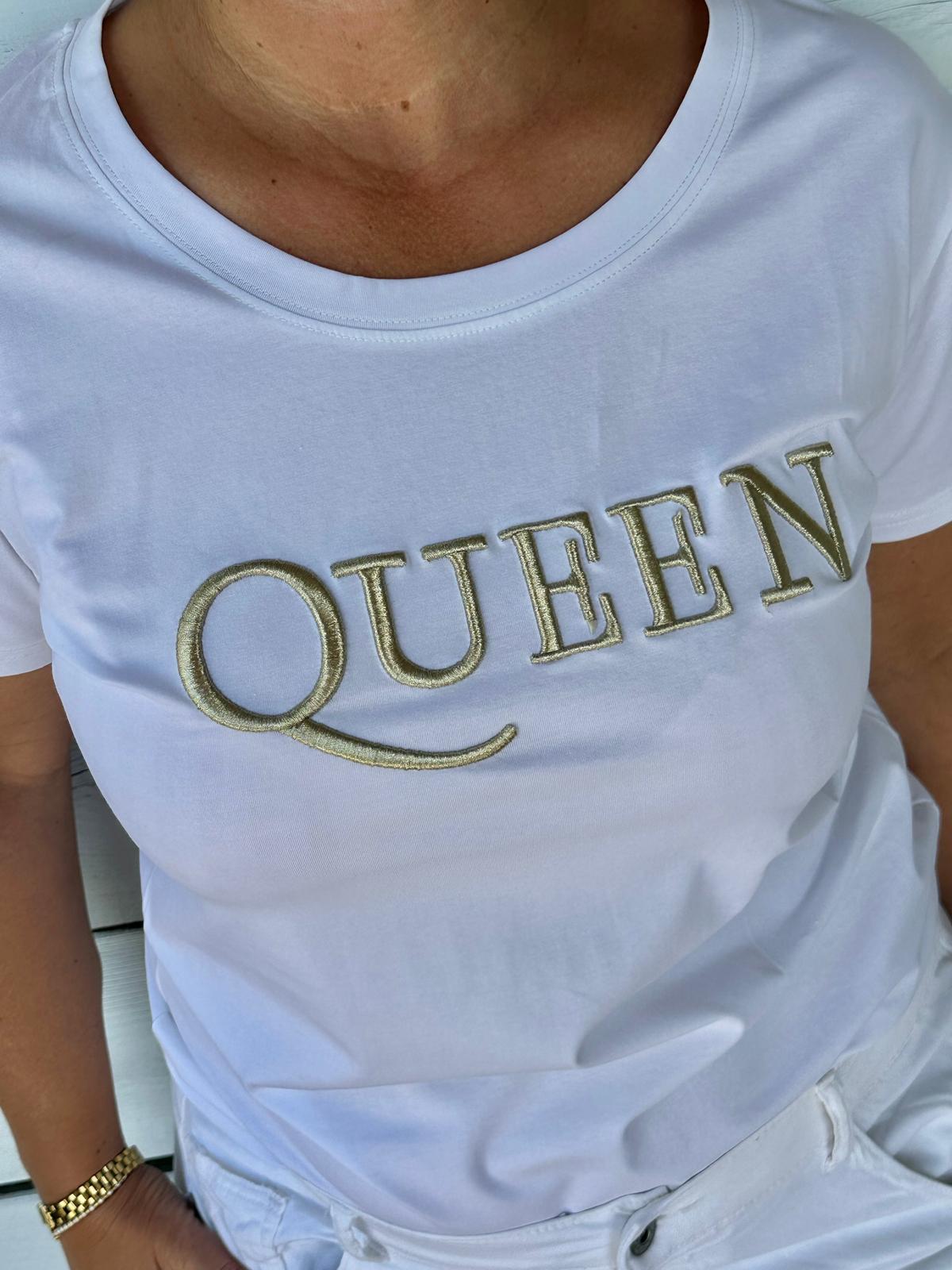 Zuckersüßes T-Shirt mit goldenem "QUEEN" Stick in White
