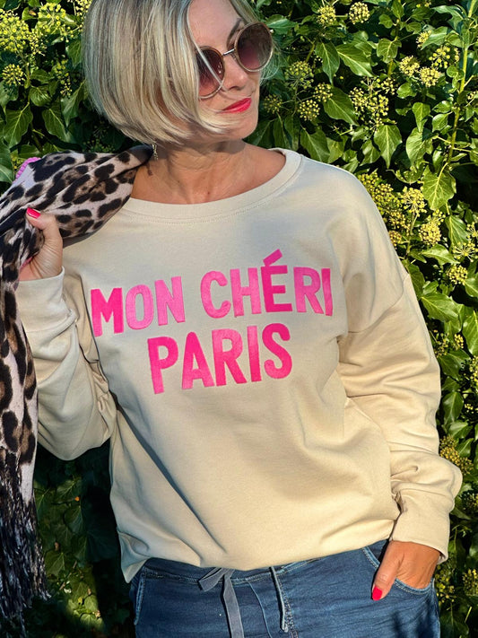 Highlight Sweatshirt "MON CHERIÈ PARIS" in Taupé/Pink