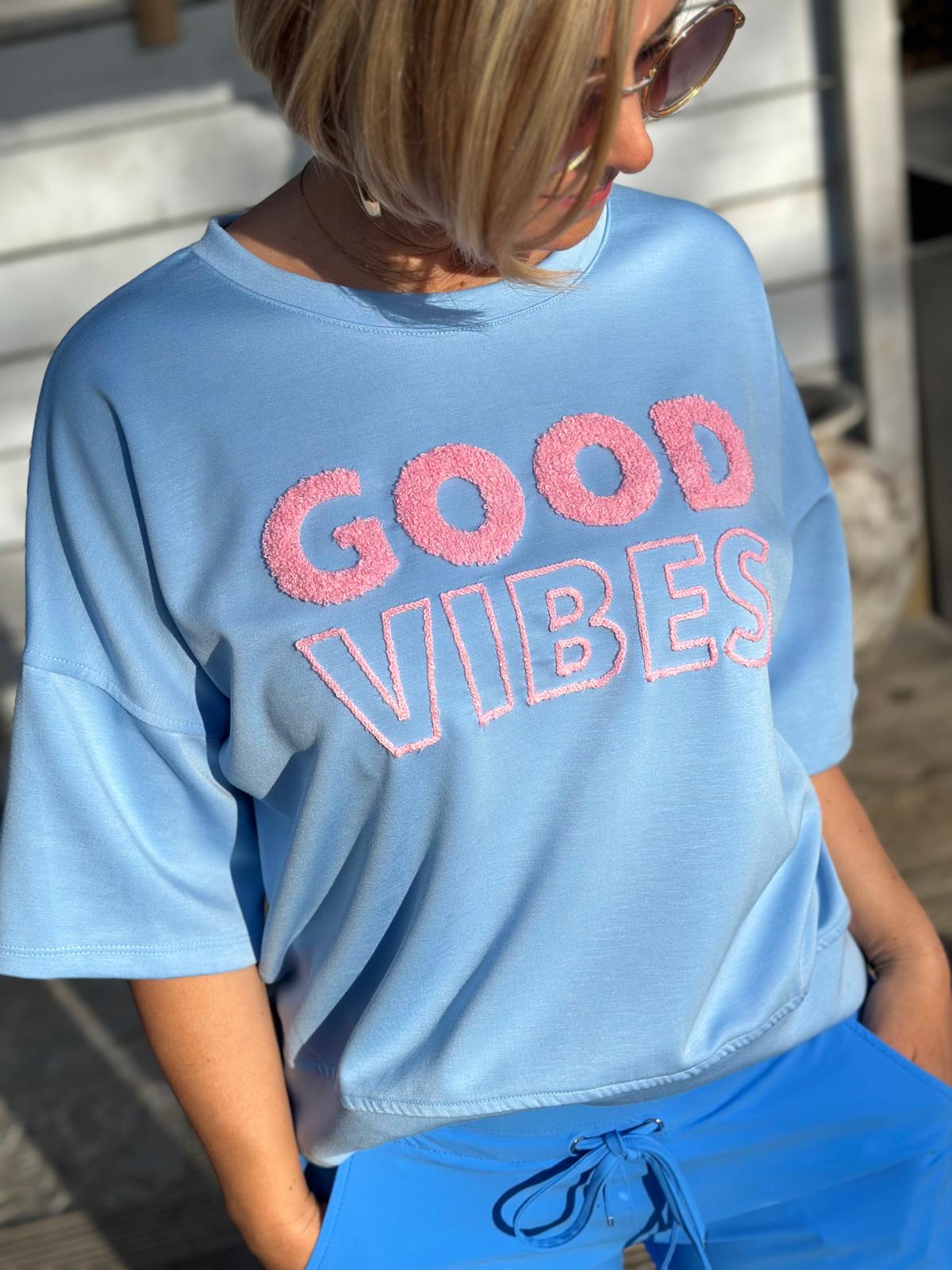 "GOOD VIBES" Kurz-Arm Sweatshirt in Hellblau