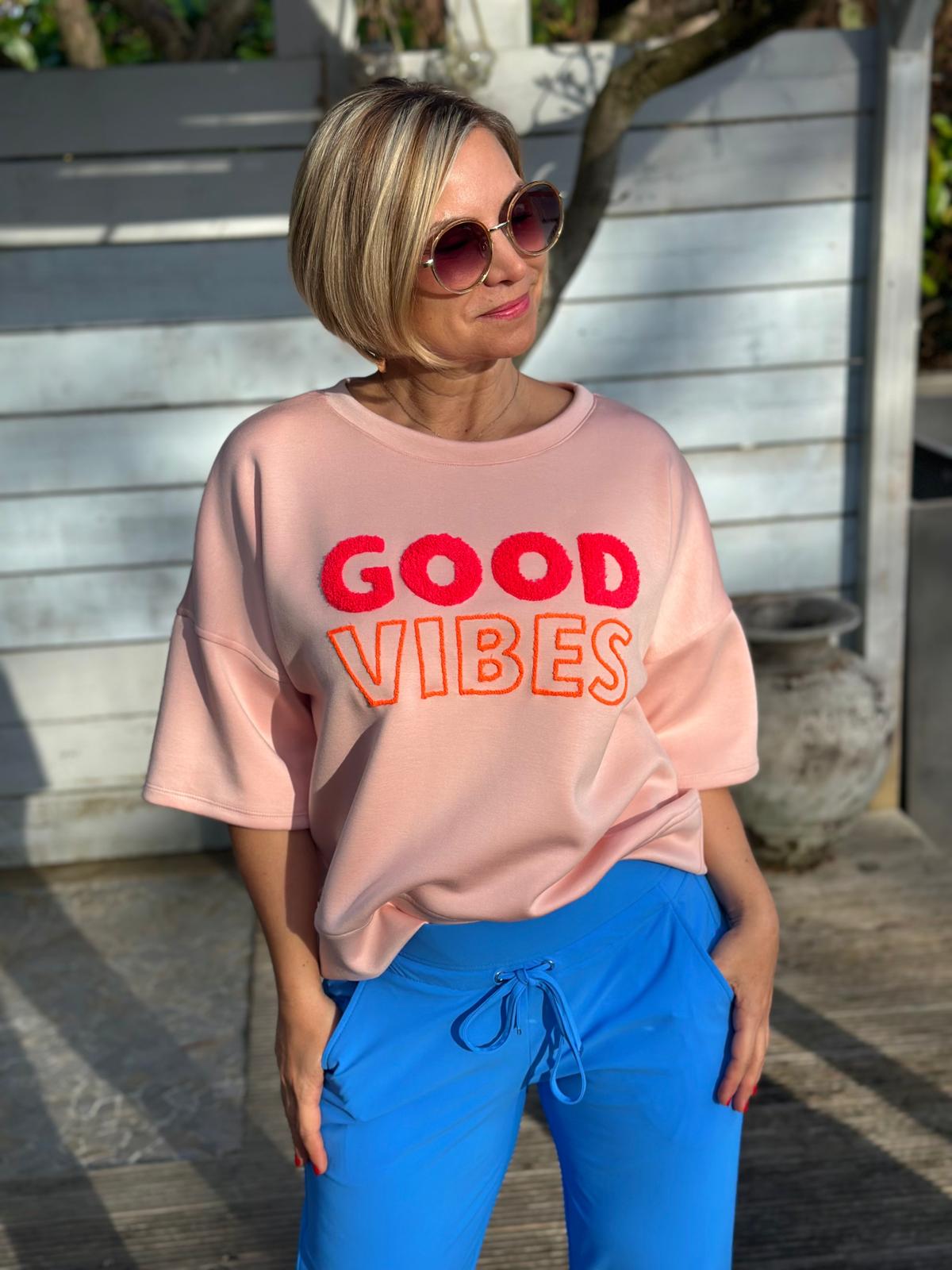 "GOOD VIBES" Kurz-Arm Sweatshirt in Altrosé