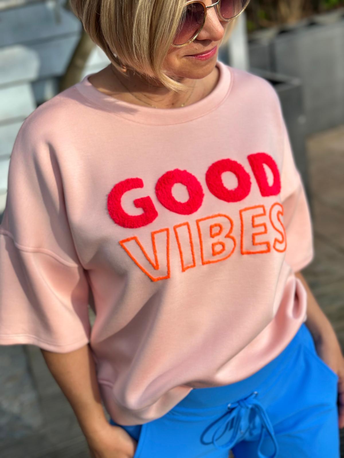 "GOOD VIBES" Kurz-Arm Sweatshirt in Altrosé