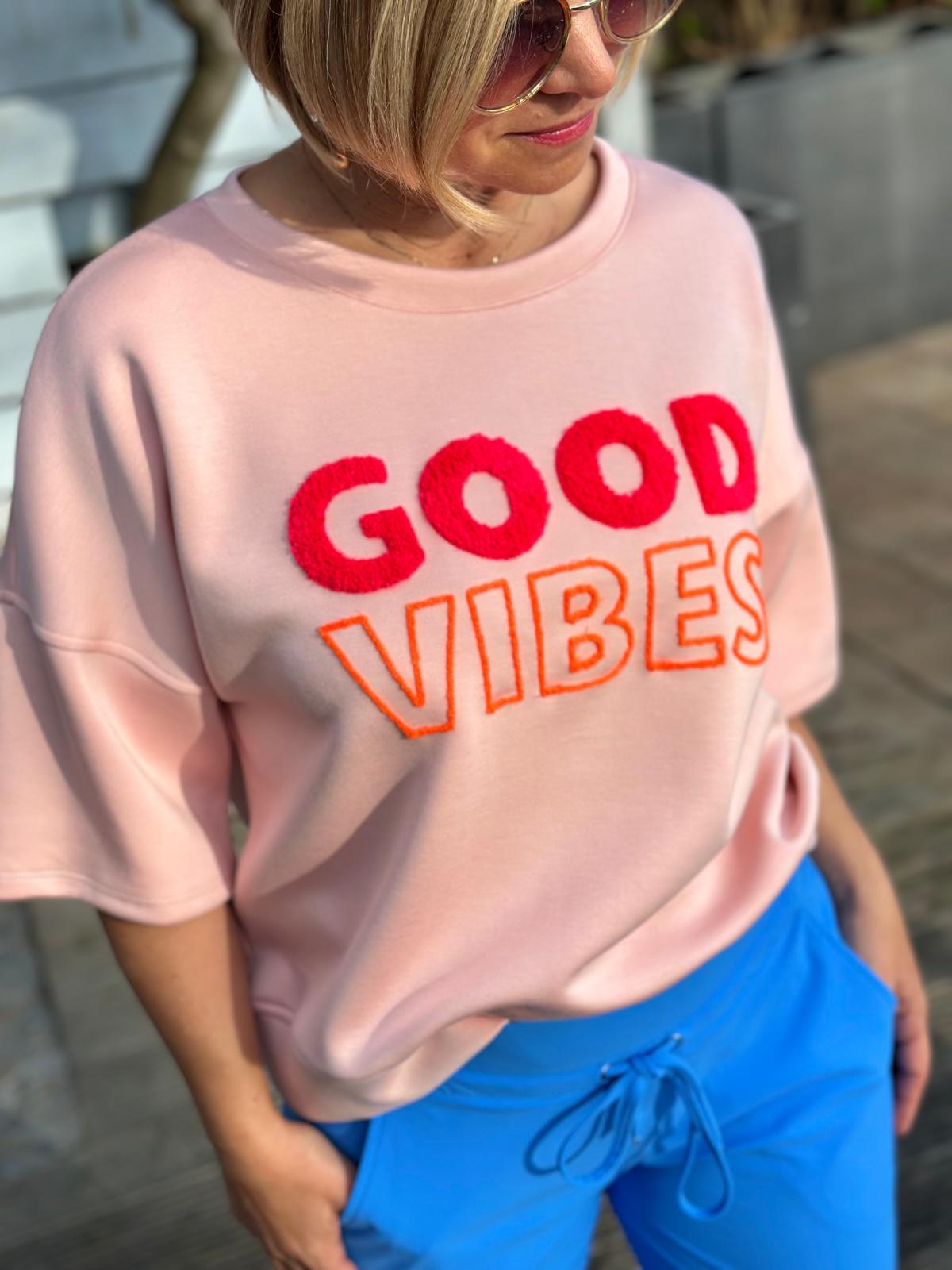 "GOOD VIBES" Kurz-Arm Sweatshirt in Altrosé