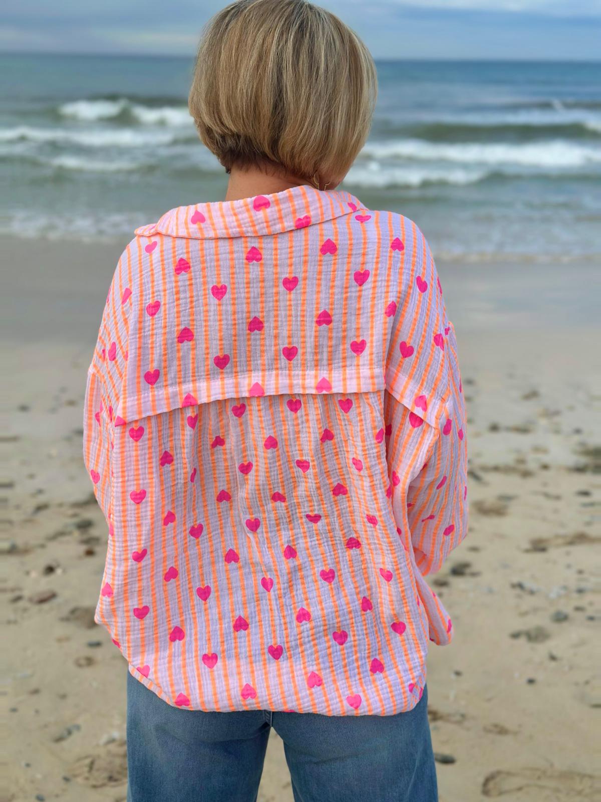Zuckersüße Musselinbluse "ORANGE STRIPES & PINK HEARTS"