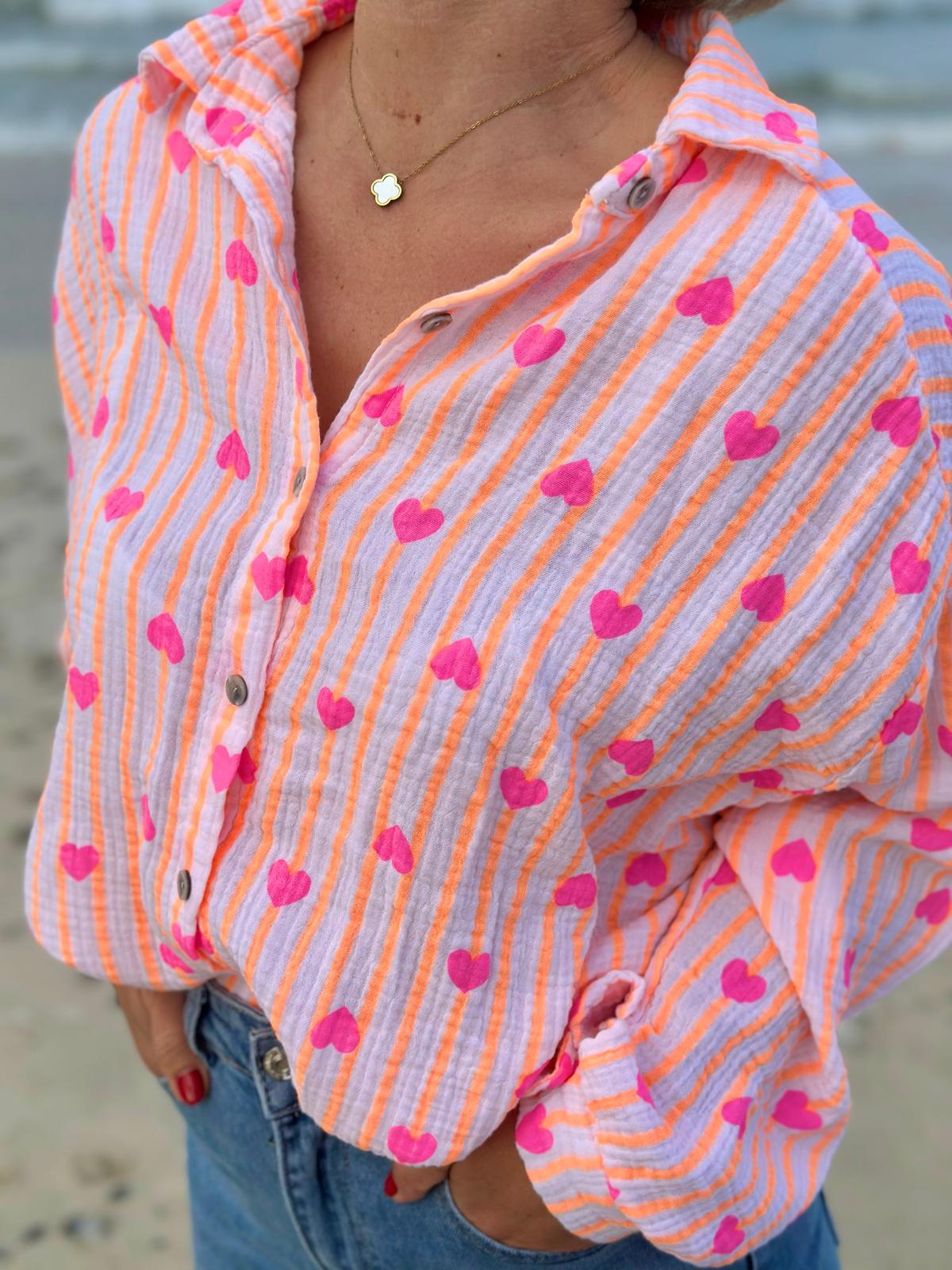 Zuckersüße Musselinbluse "ORANGE STRIPES & PINK HEARTS"