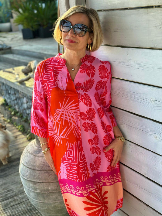 Sommerkleid "VALENTINA" SUNSET ORANGE PALMS