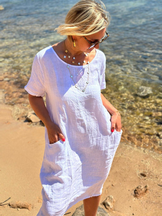 Weites Leinen-Sommerkleid "Fabrizia" in Weiß