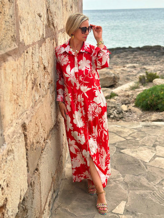 Weit geschnittenes Sommerkleid mit Kragen in RED PALMS