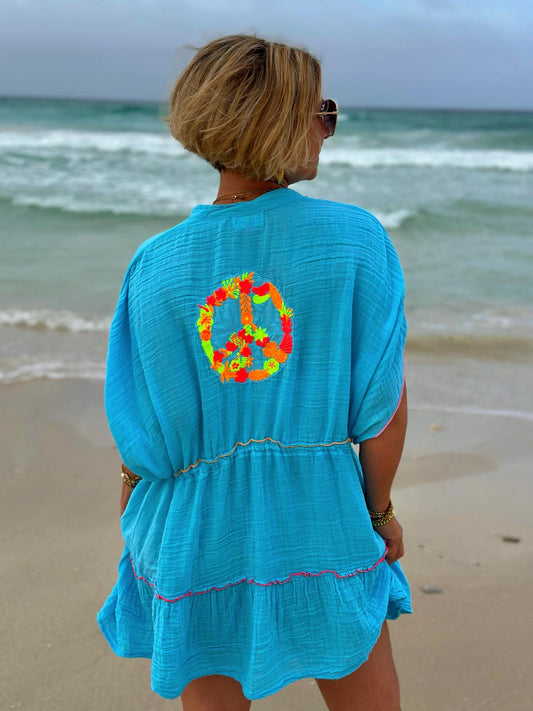 Stylische Strandtunika "PEACE" in TÜRKIS