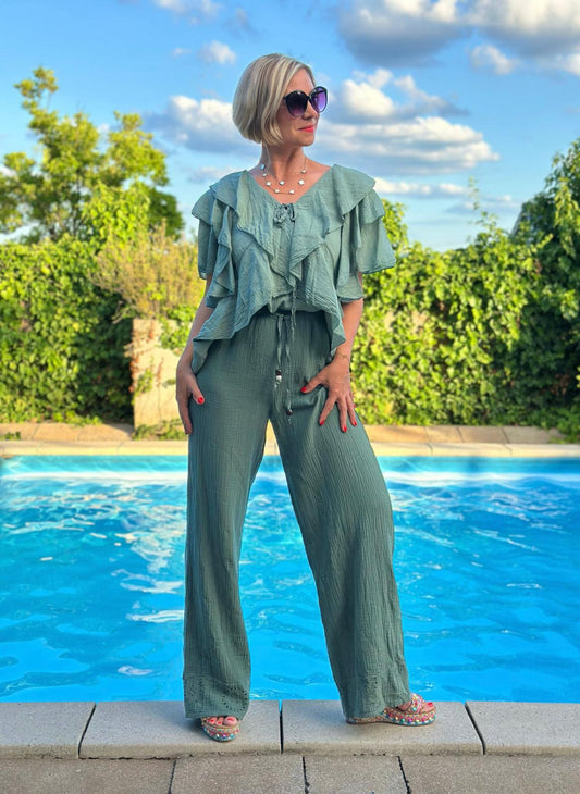 Sommerliche MUSSELIN HOSE "FLORENCE" in Oliv