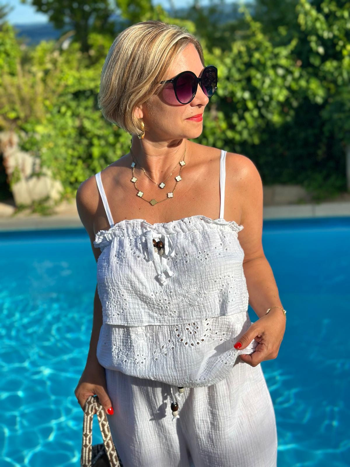 Sommerliches MUSSELIN TOP "FLORENCE" in Weiss