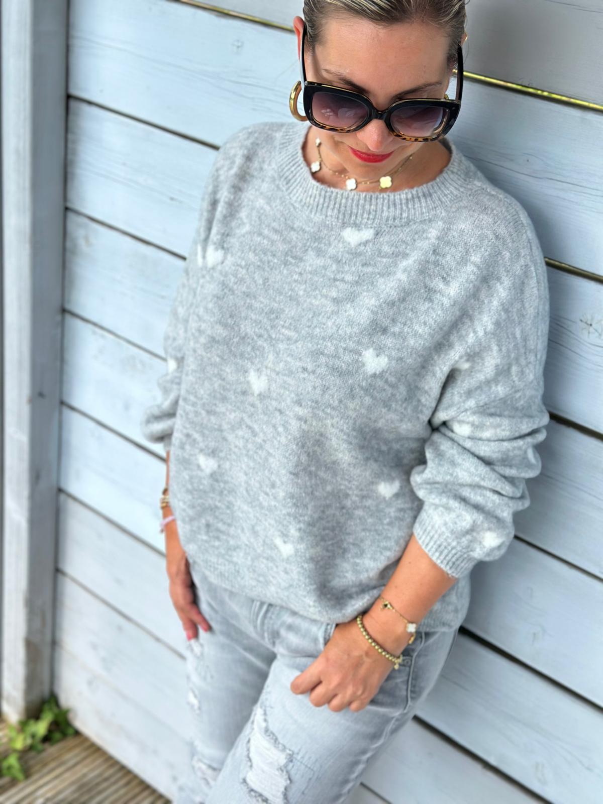 Süßer Strickpullover "Herzchen" in Grau/Weiss