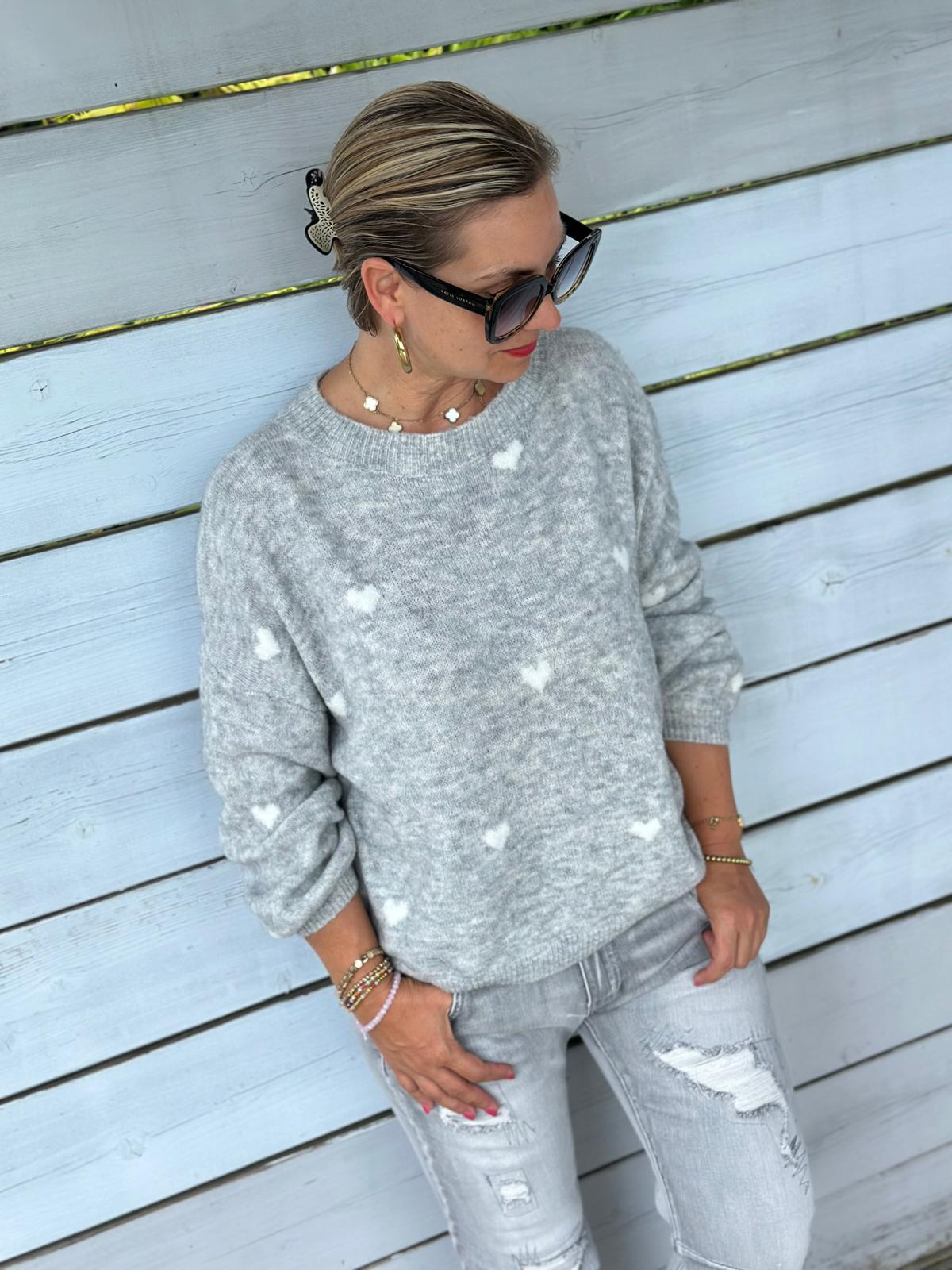 Süßer Strickpullover "Herzchen" in Grau/Weiss