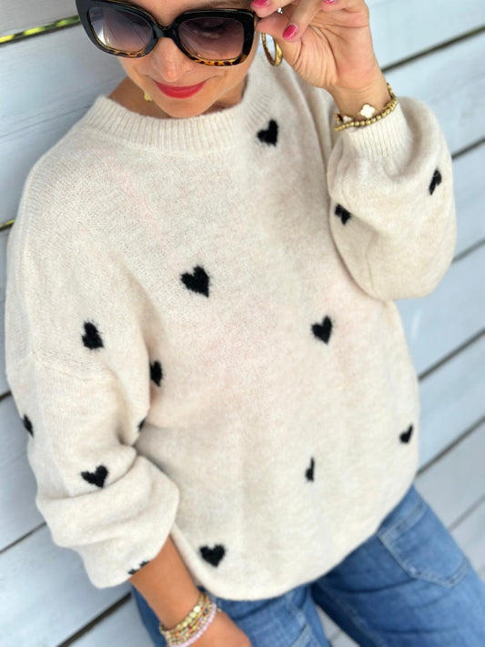 Süßer Strickpullover "Herzchen" in Cremé / Schwarz