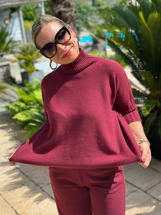 Süßer Rollkragen Pulli mit 3/4 Arm in Weinrot (kurz)