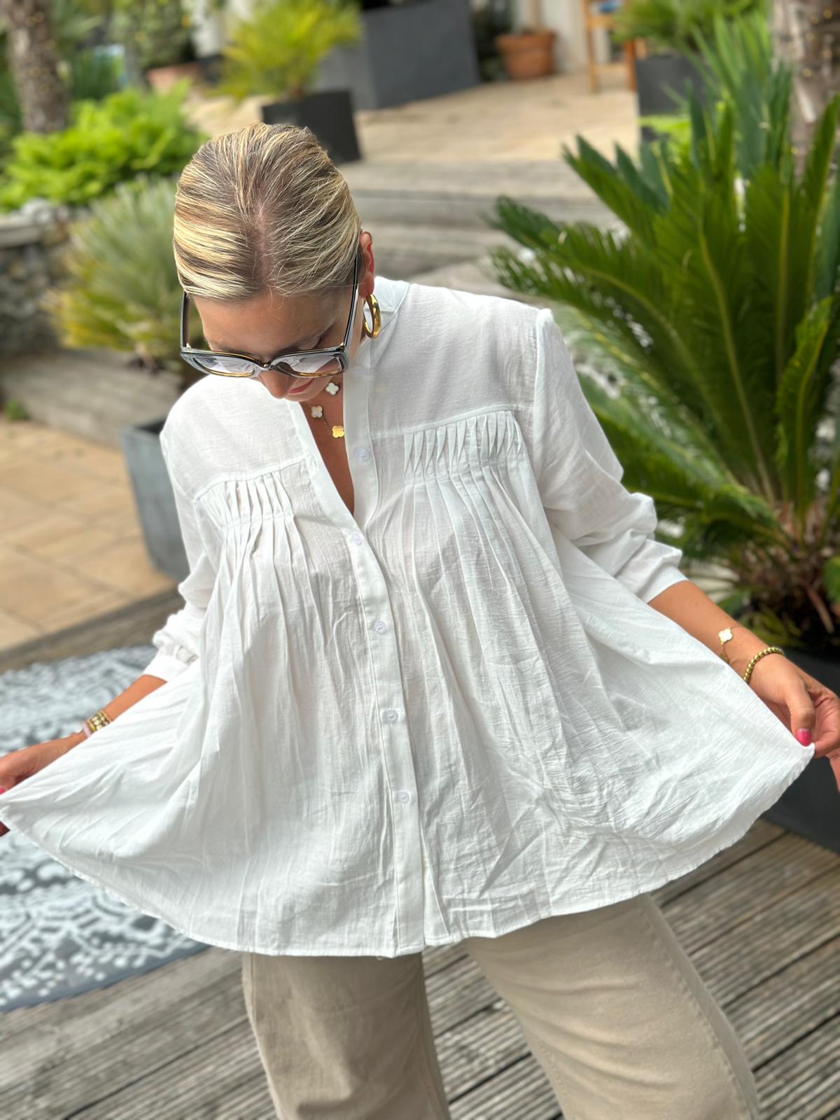 Geraffte Herbst-Bluse in Weiss