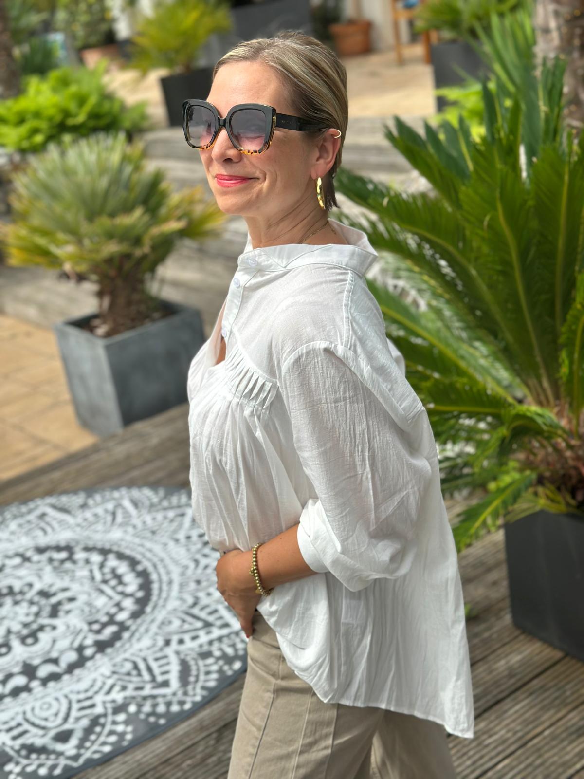 Geraffte Herbst-Bluse in Weiss