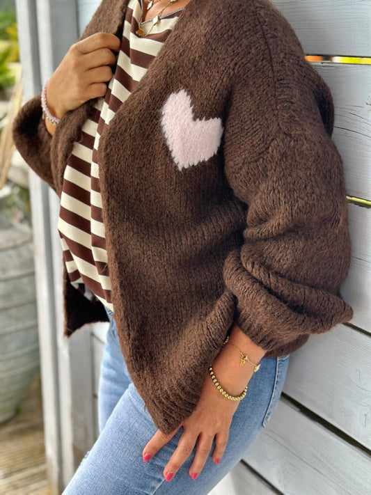 Süße Kuschelstrickjacke SMILE MORE in Chocolate/Rosa