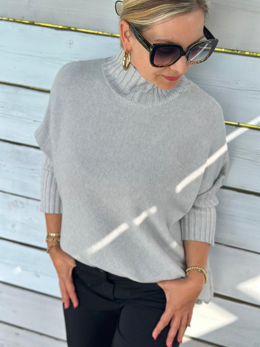 Süßer Rollkragen Pulli mit 3/4 Arm in Grau (lang)