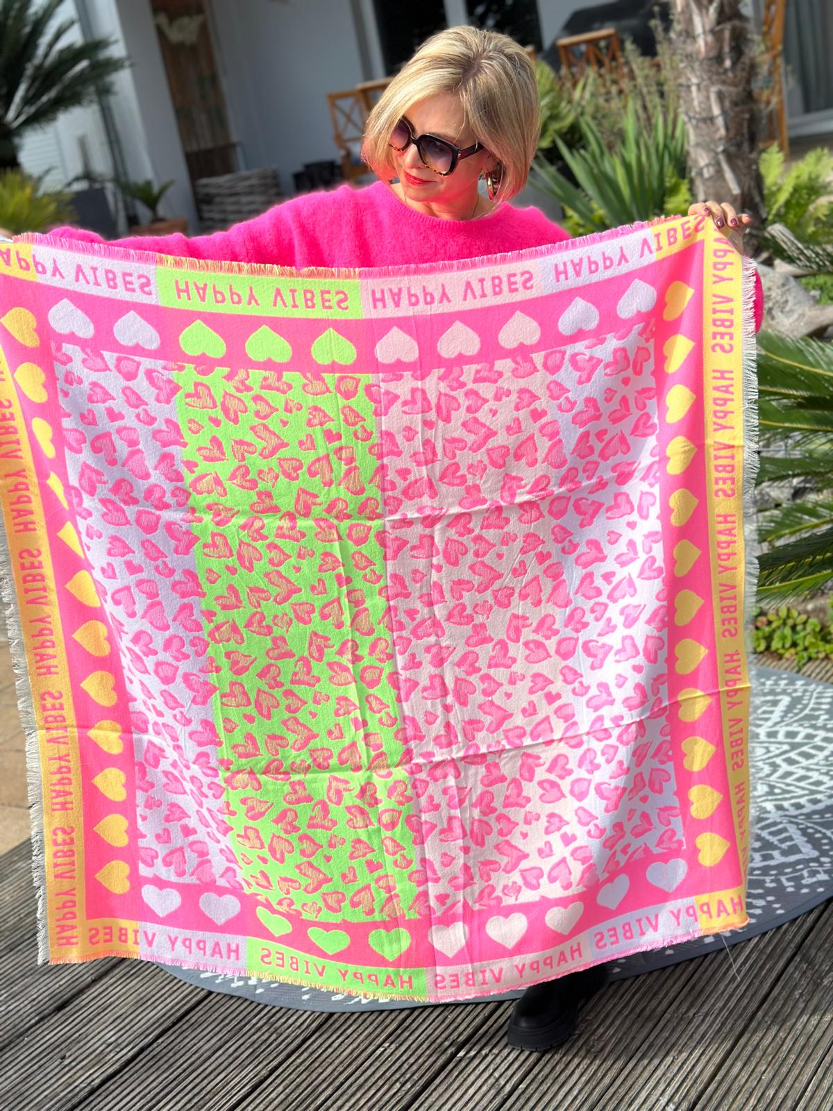 Lieblings Schal "HAPPY VIBES" in LIME/PINK