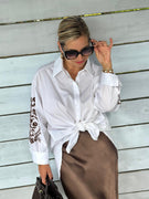 Stylische Classy Bluse mit Stickerei in White/Chocolate