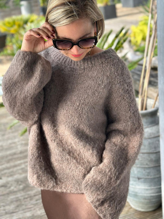 Weit geschnittener Onesize Pulli "SUPERFLAUSCH" in Taupé