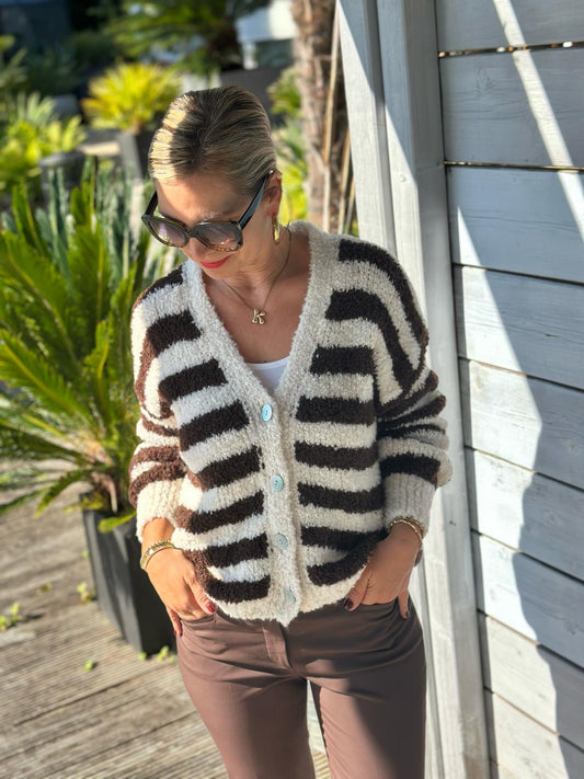 Gestreifte Grobstrick Jacke in Cremé/Chocolate