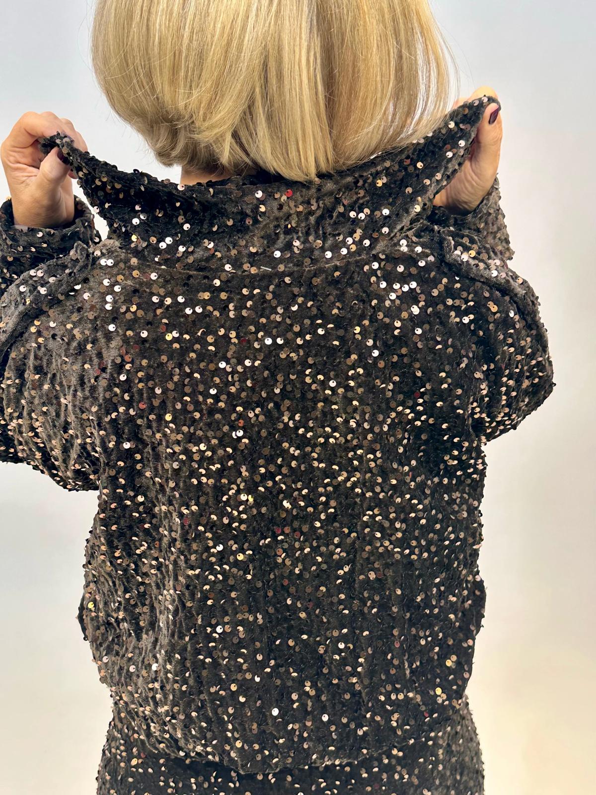 Wunderschöne GLOSSY Pailletten-Bomberjacke in Chocolate
