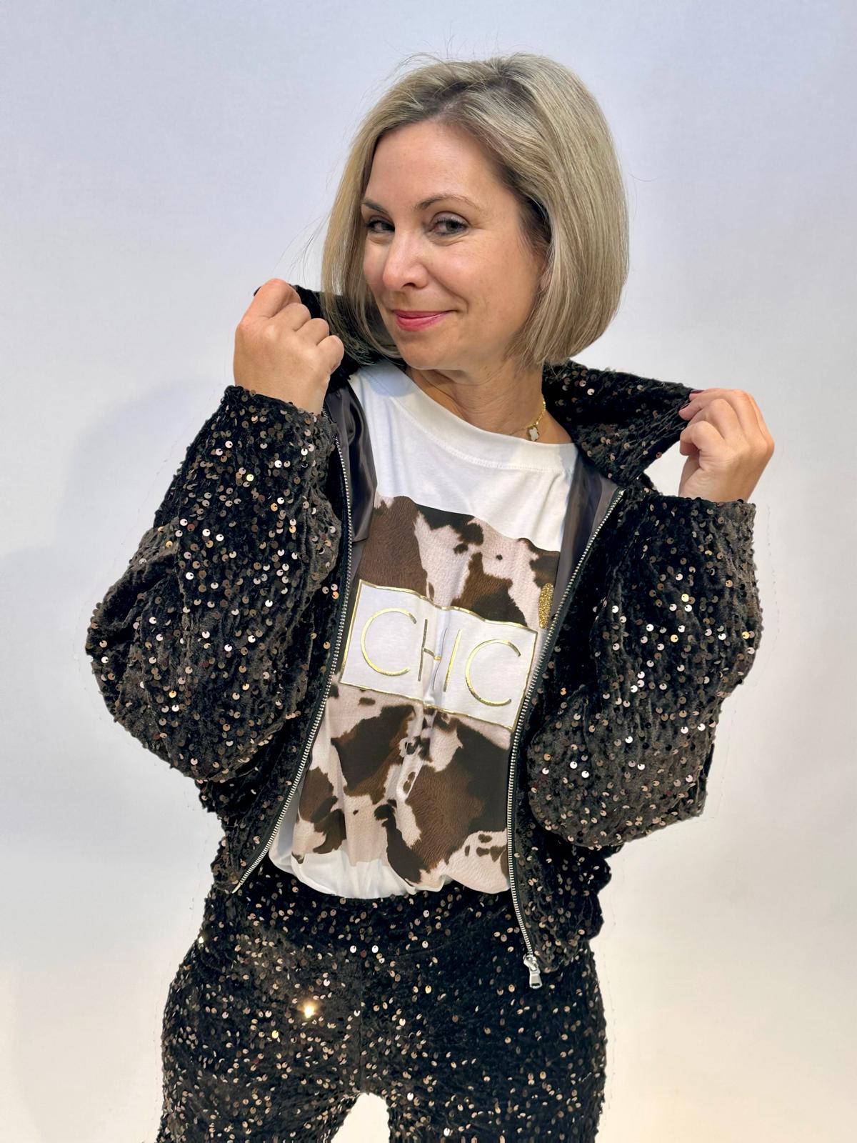 Wunderschöne GLOSSY Pailletten-Bomberjacke in Chocolate