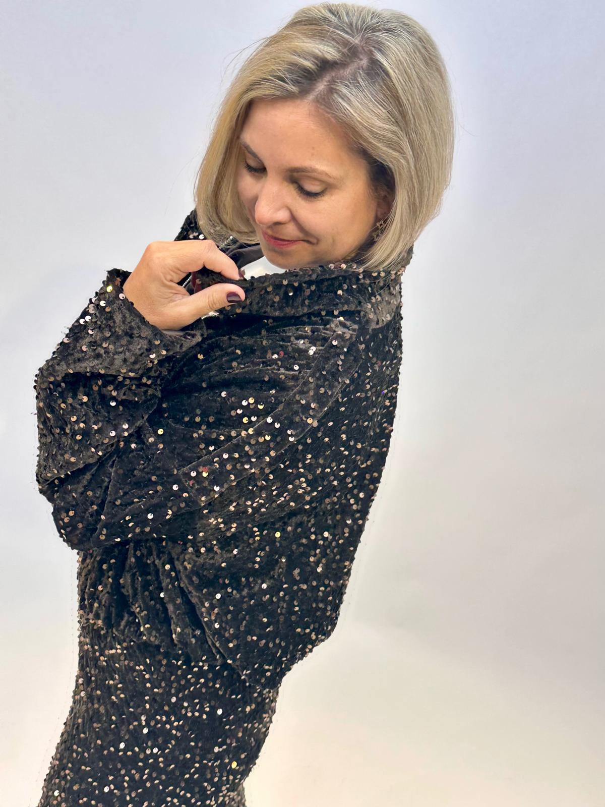 Wunderschöne GLOSSY Pailletten-Bomberjacke in Chocolate