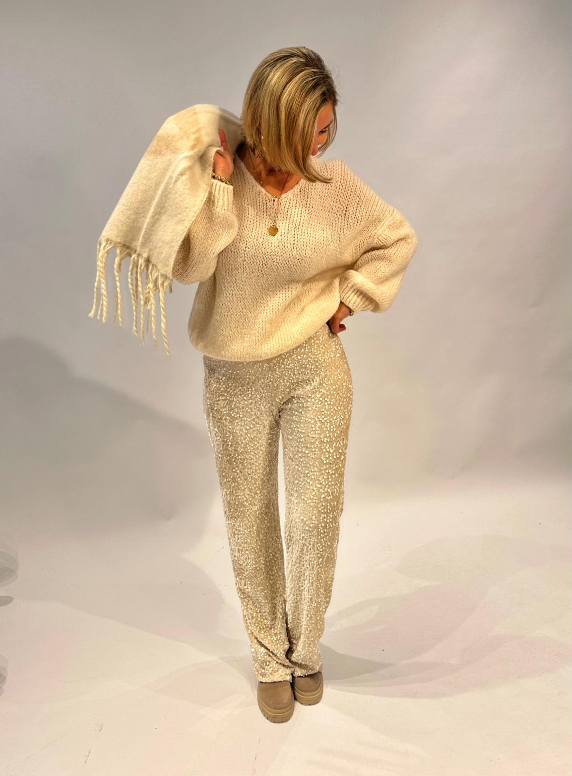 Stylische GLOSSY Paillettenhose in Cremé