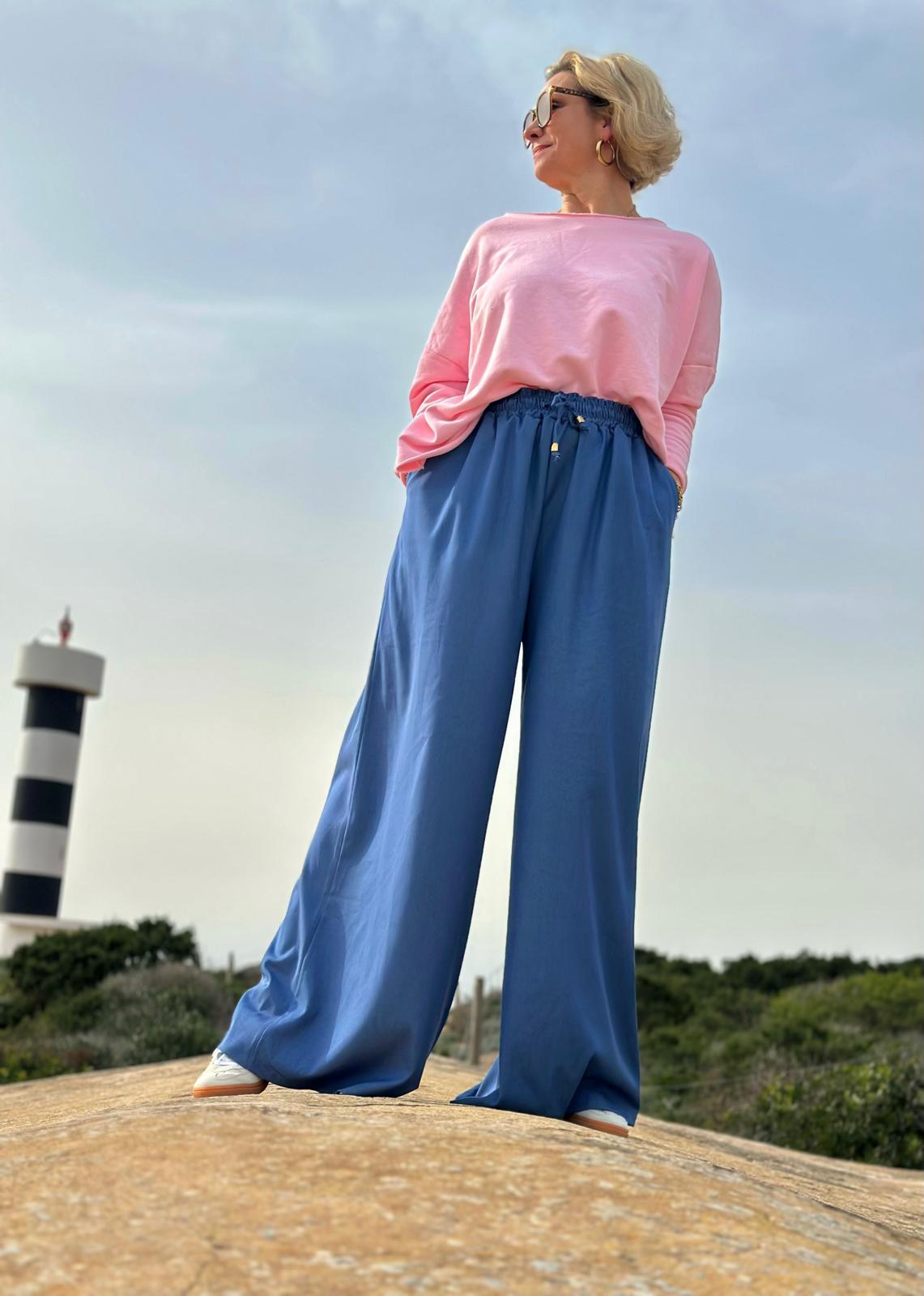 Super stylische Tencel Hose mit weitem Bein und Kordelzug in JEANS-BLAU