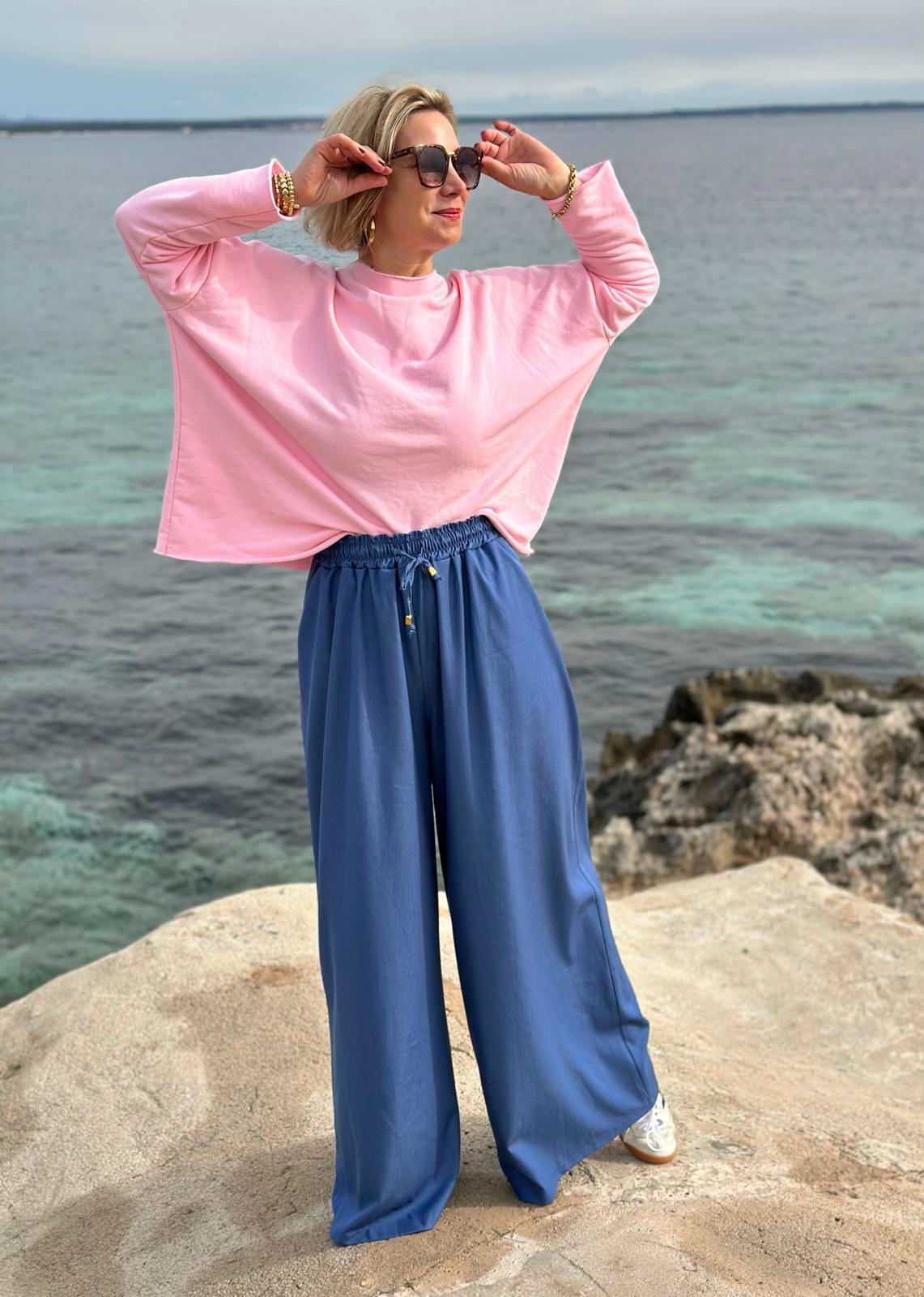Super stylische Tencel Hose mit weitem Bein und Kordelzug in JEANS-BLAU