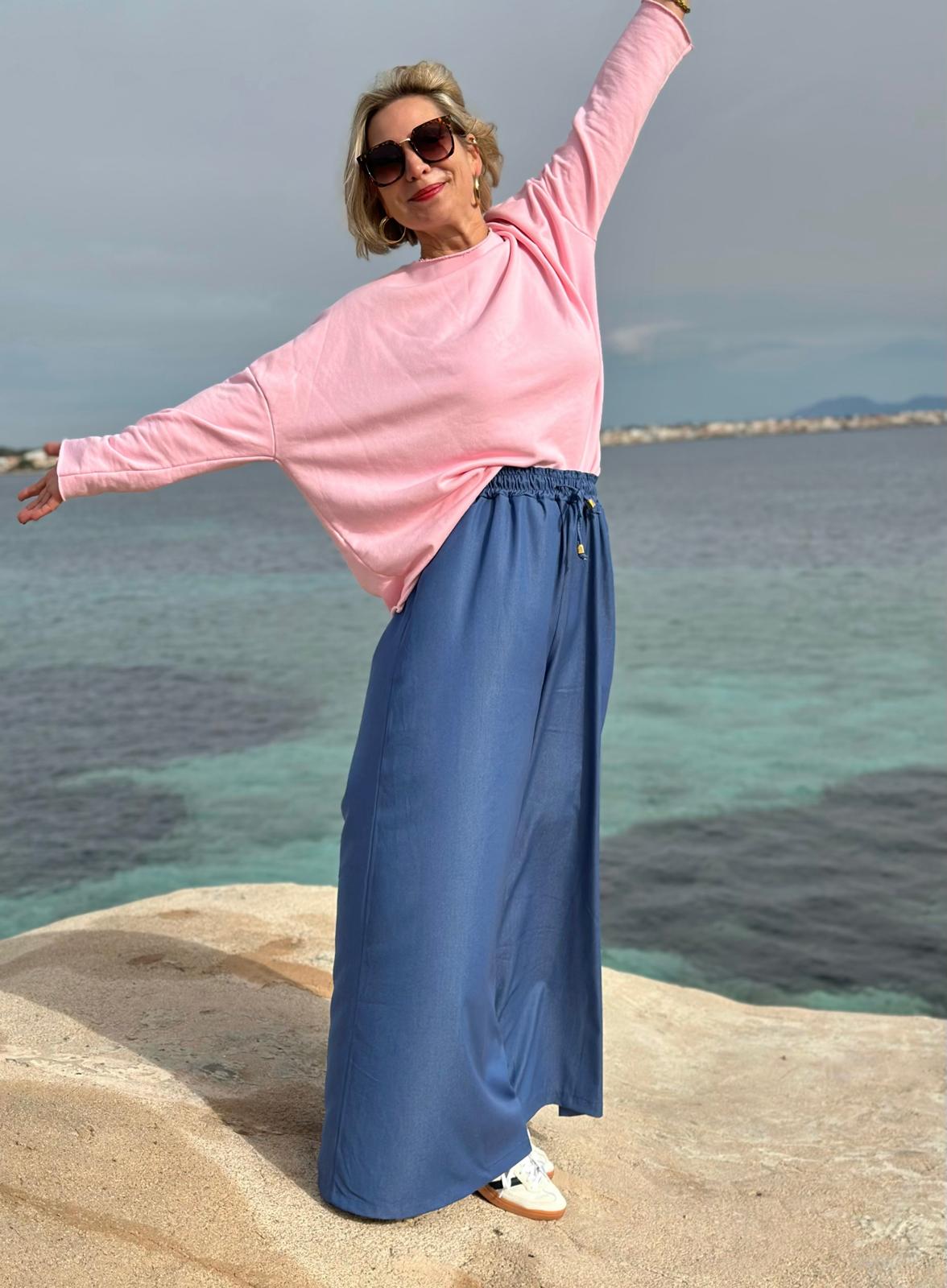 Super stylische Tencel Hose mit weitem Bein und Kordelzug in JEANS-BLAU