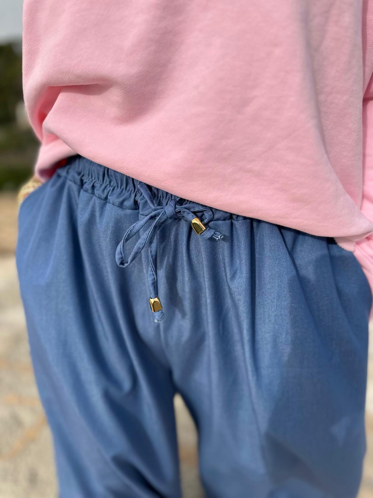 Super stylische Tencel Hose mit weitem Bein und Kordelzug in JEANS-BLAU