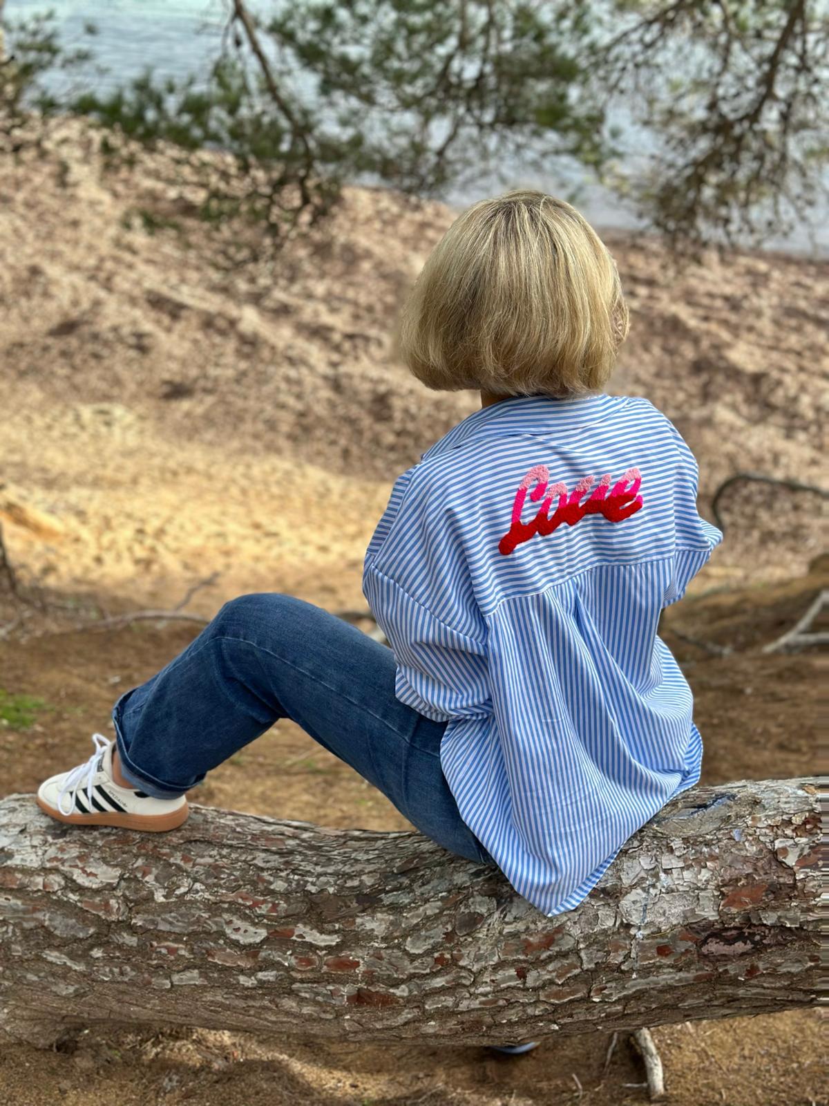 Stylische Streifenbluse "LOVE" in Hellblau