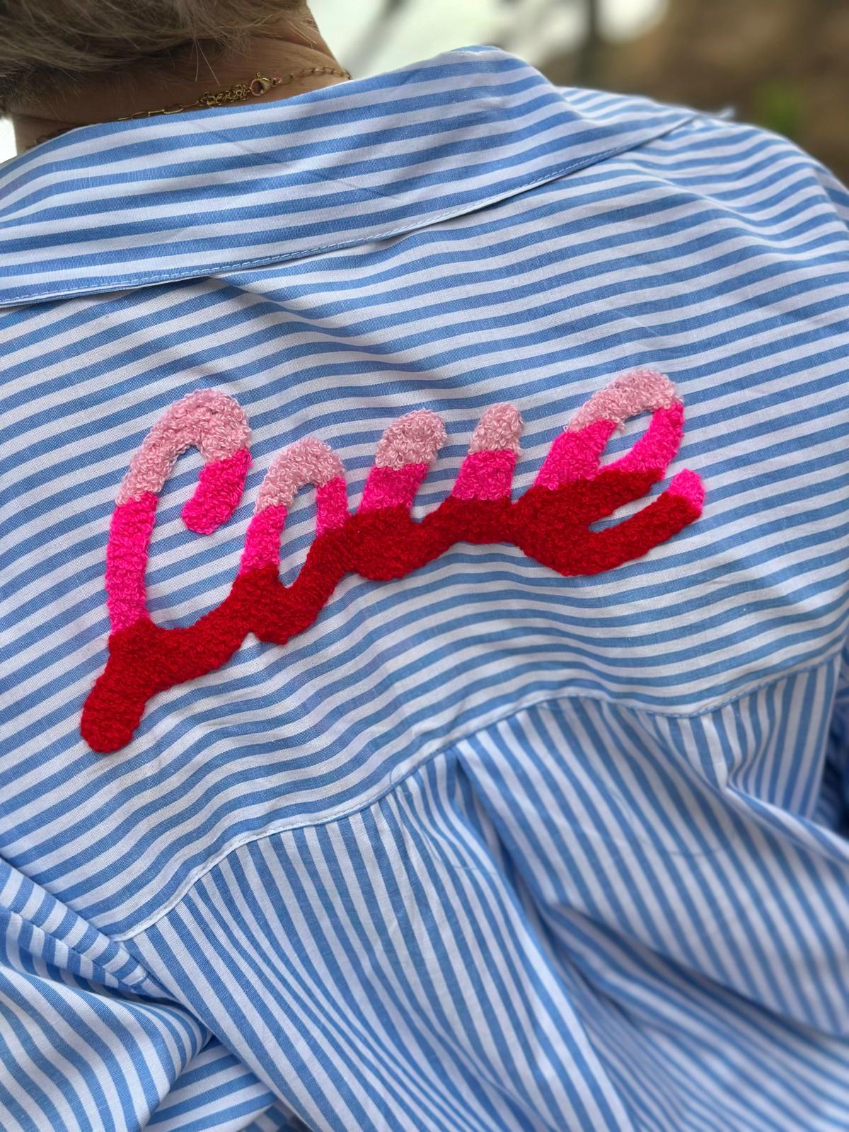 Stylische Streifenbluse "LOVE" in Hellblau
