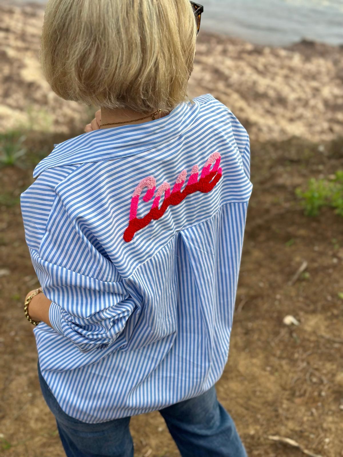 Stylische Streifenbluse "LOVE" in Hellblau