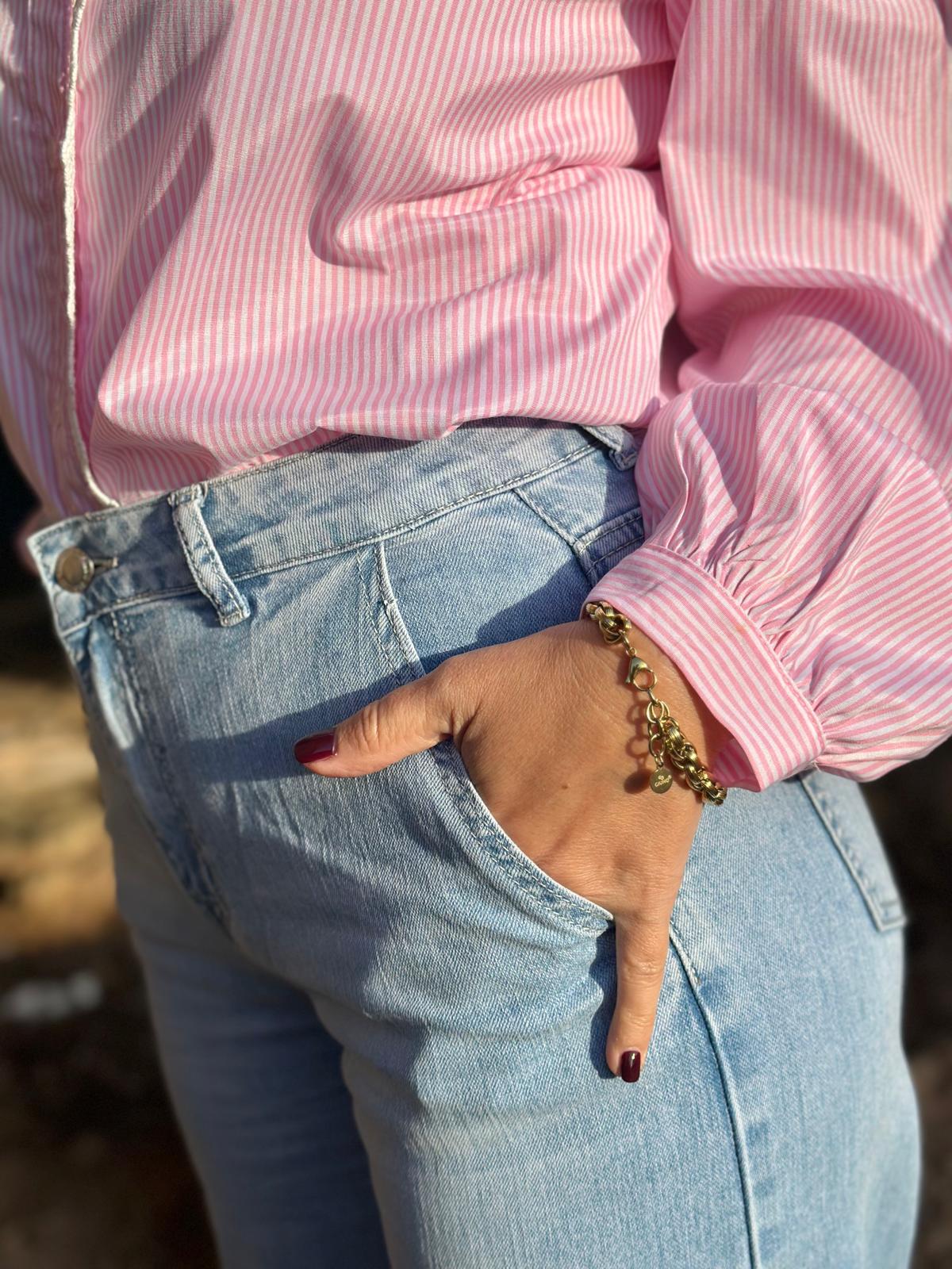 Gestreifte Baumwollbluse mit Spitzenleiste – Sweet Rosé